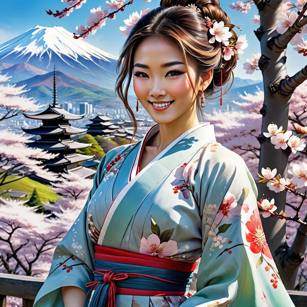 Happy Girl with Cherry Blossoms and Mt. Fuji