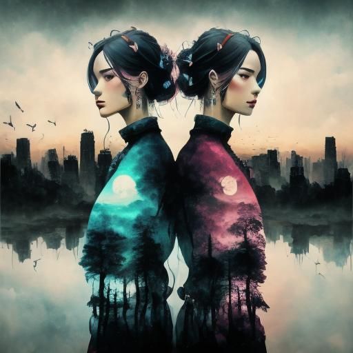 Surreal Twin Sisters in a Dreamlike Setting