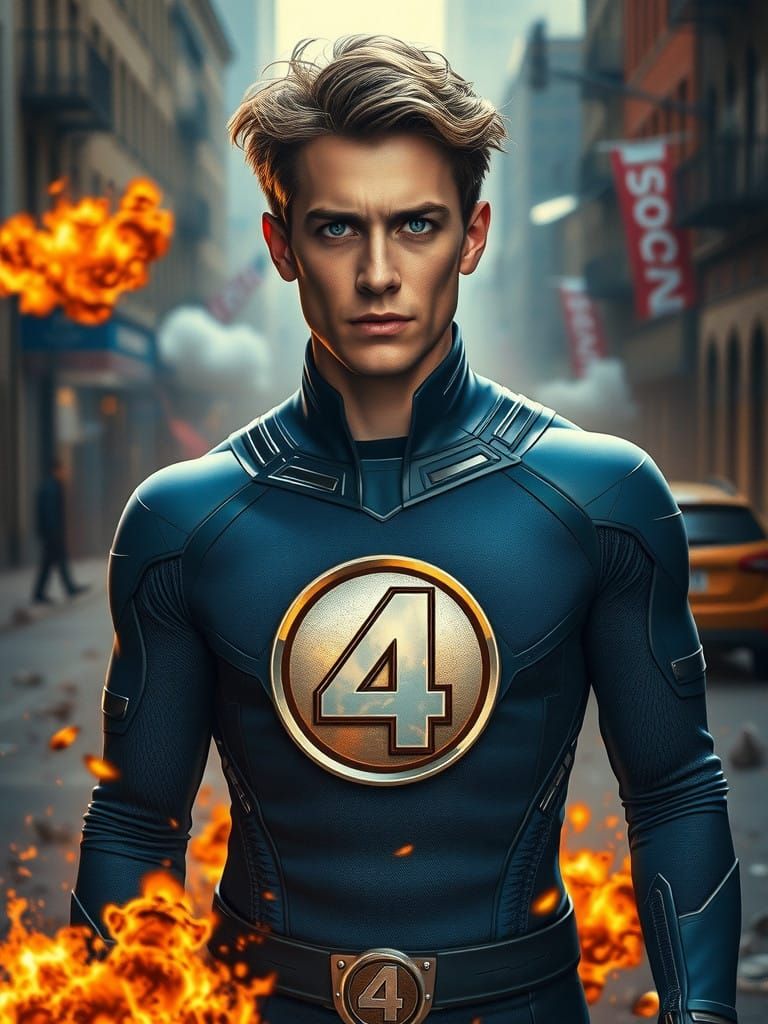 Young Reed Richards in Iconic Fantastic Four Costume with Sw...