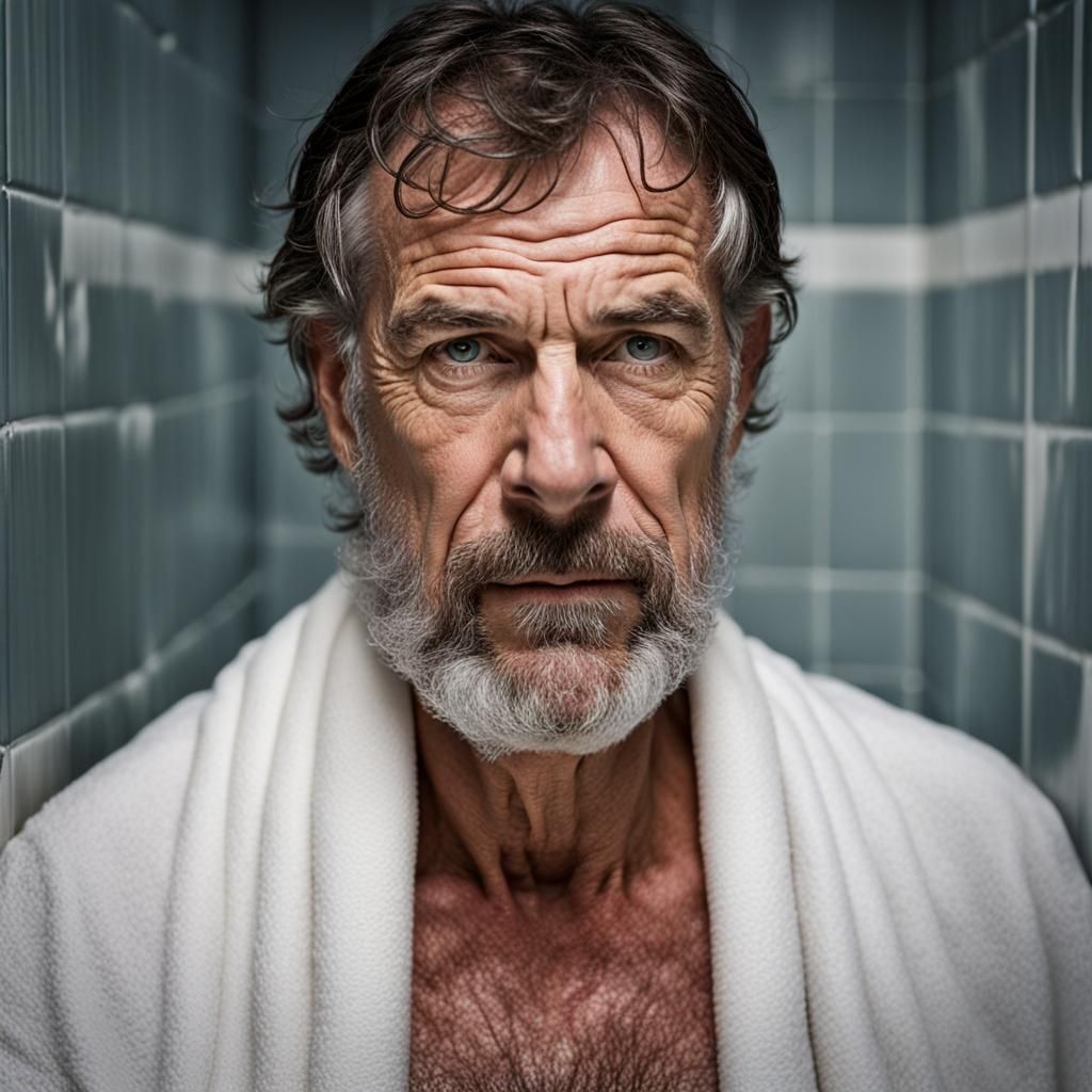 Close-up Portrait of a Hairy Man in Shower