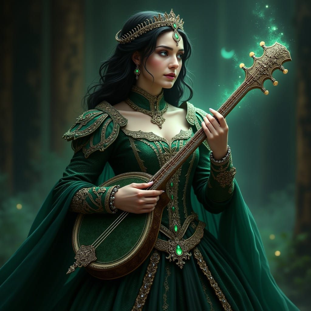 Medieval Noblewoman with Lute in Regal Attire