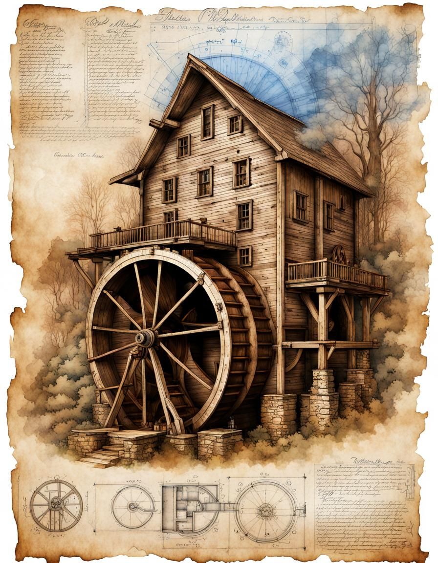 Grist Mill Blueprint in Da Vinci Style