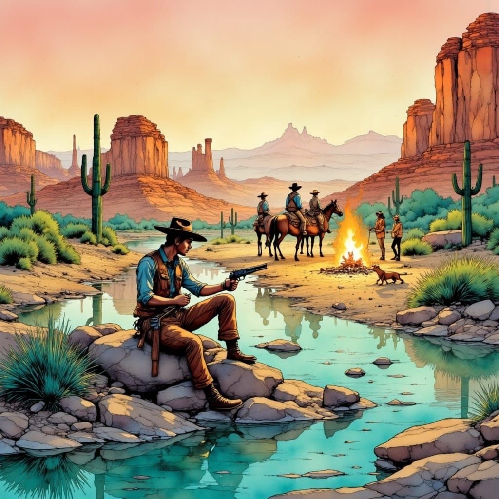 Vibrant Wild West Scene in Painterly Comic Book Style