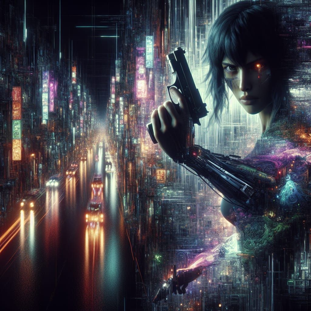 Cyberpunk Cyborg with Pistol in Neon Tokyo