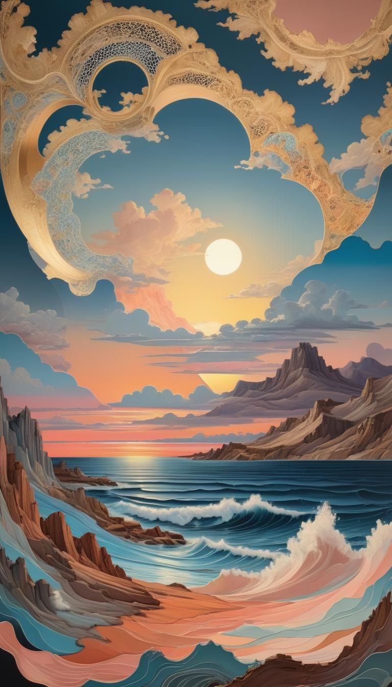 Bauhaus Seascape at Sunset in Primitivism Style