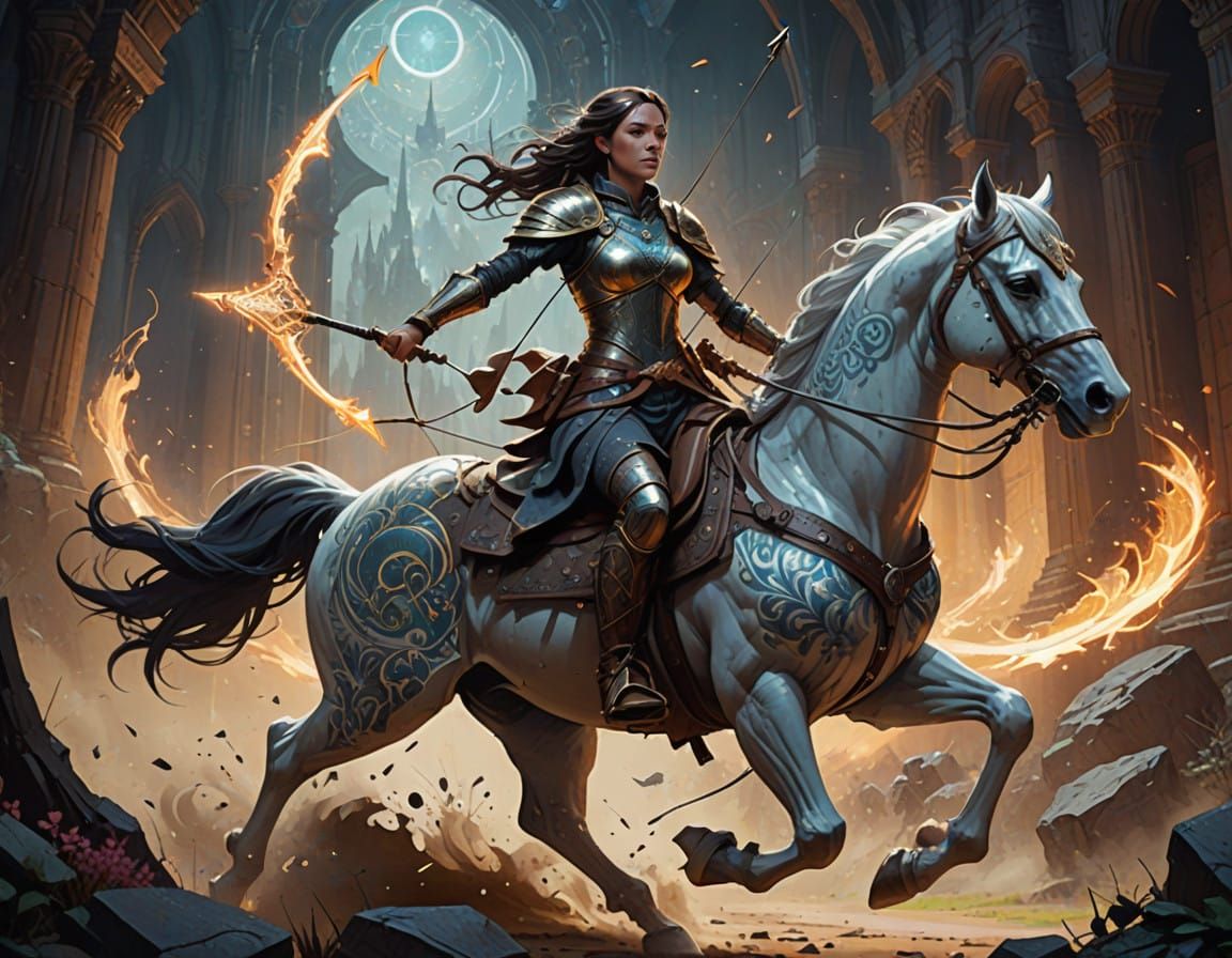 Ethereal Female Warrior in Earthy Armor Gallops on White Hor...