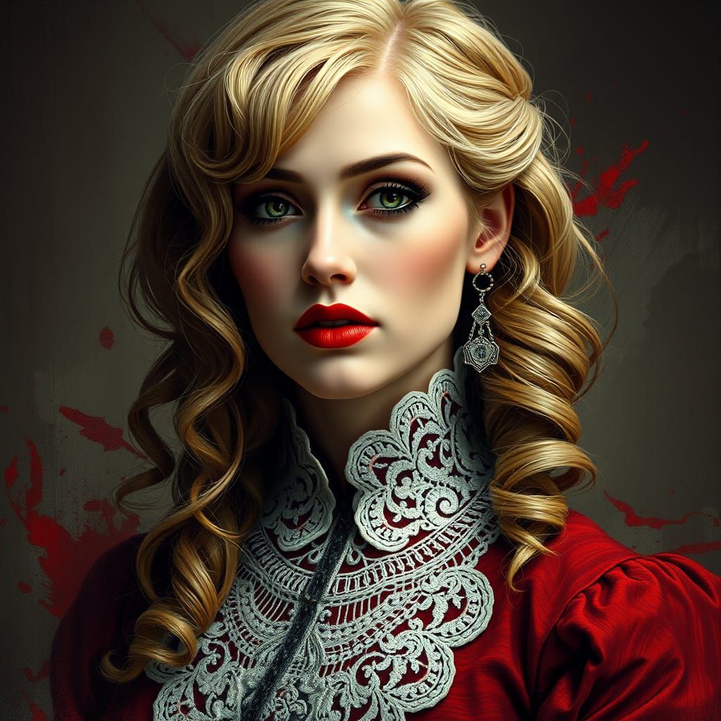 Gothic Woman in Dark Red Dress with White Lace Collar