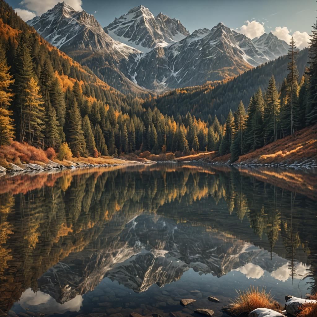 Calm Mountain Lake Reflection in Autumn Brilliance