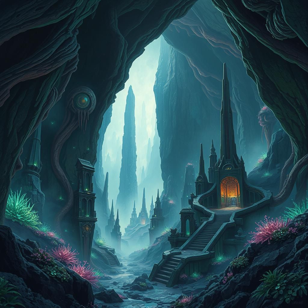 Bioluminescent Alien Caves with Crystalline Structures