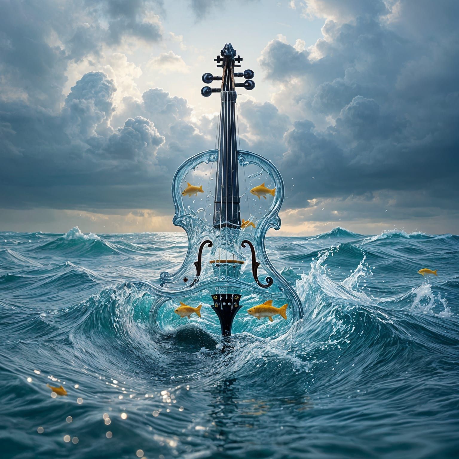 Ocean Water Violin with Fish, Digital Painting
