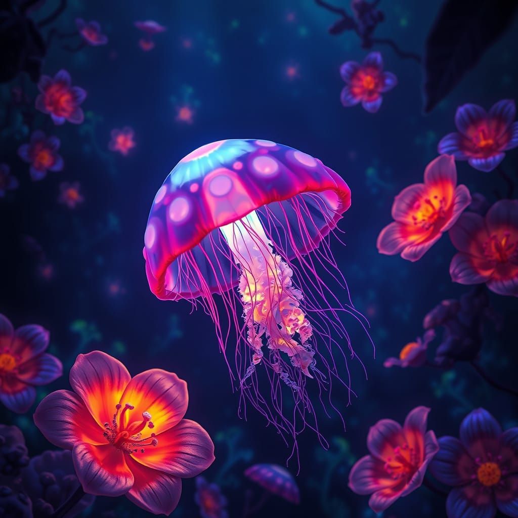 Bioluminescent Jellyfish in Fiber Optic Forest