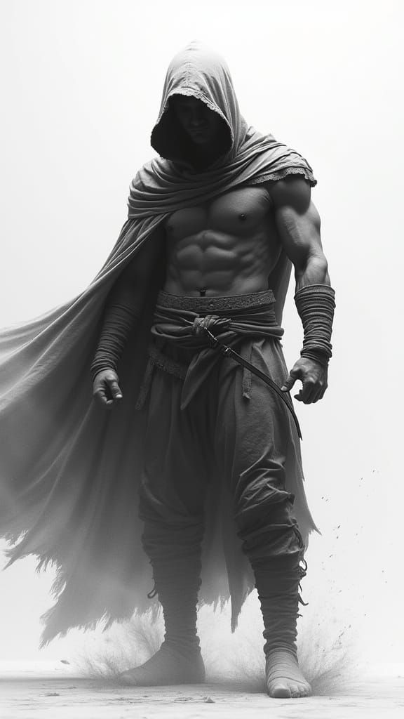 Mysterious Hooded Warrior in Liquid Shadow Style