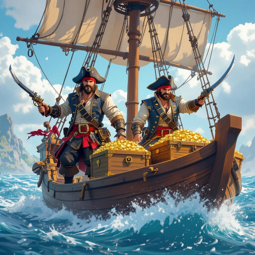 Pirates in Stormy Seas with Gold and Lotus