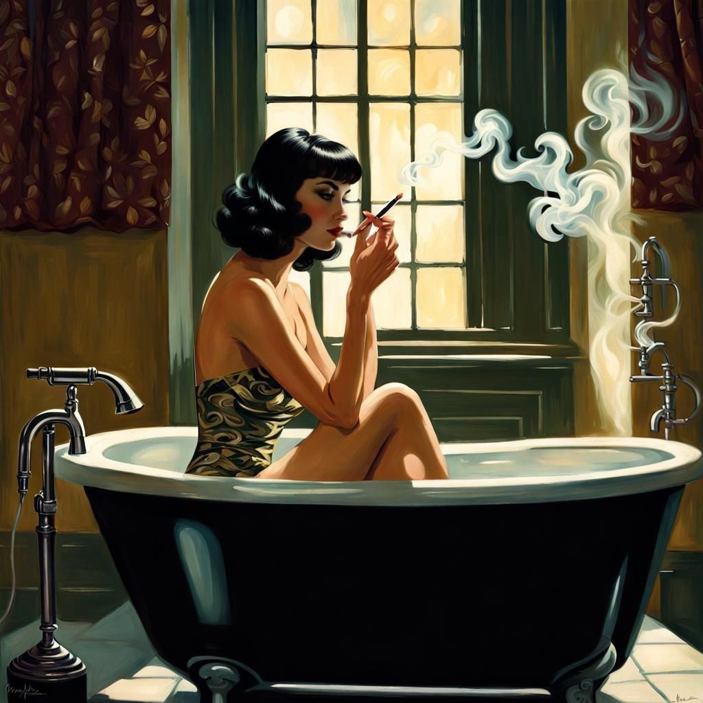 Elegant 1940s Woman Smoking in Bath