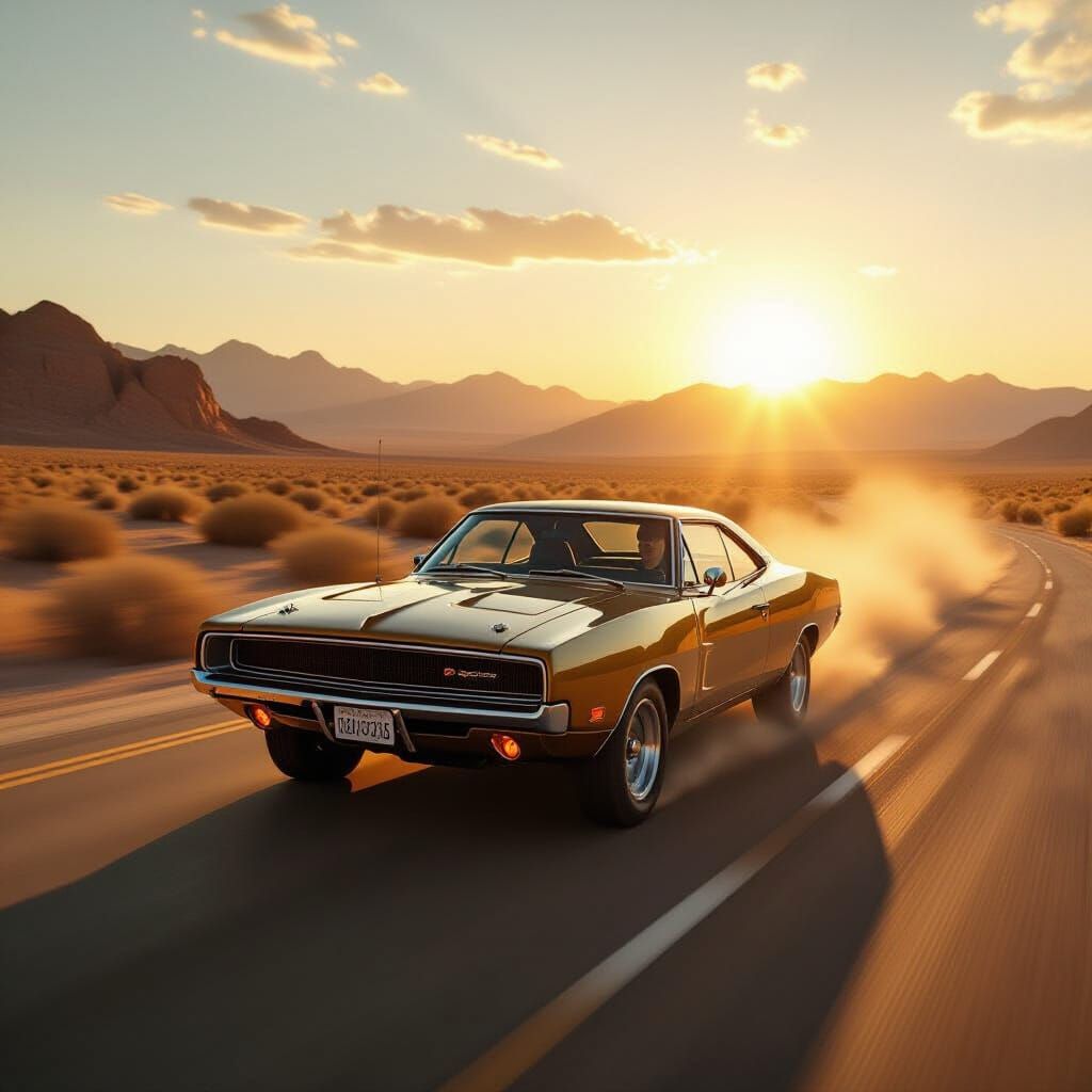 Vintage Dodge Charger Speeds Through Desert Highway