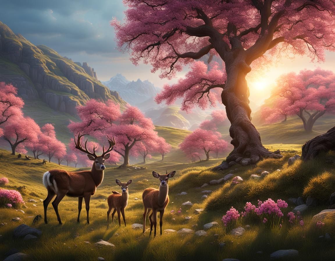 Spring Sunrise Valley with Deer Grazing