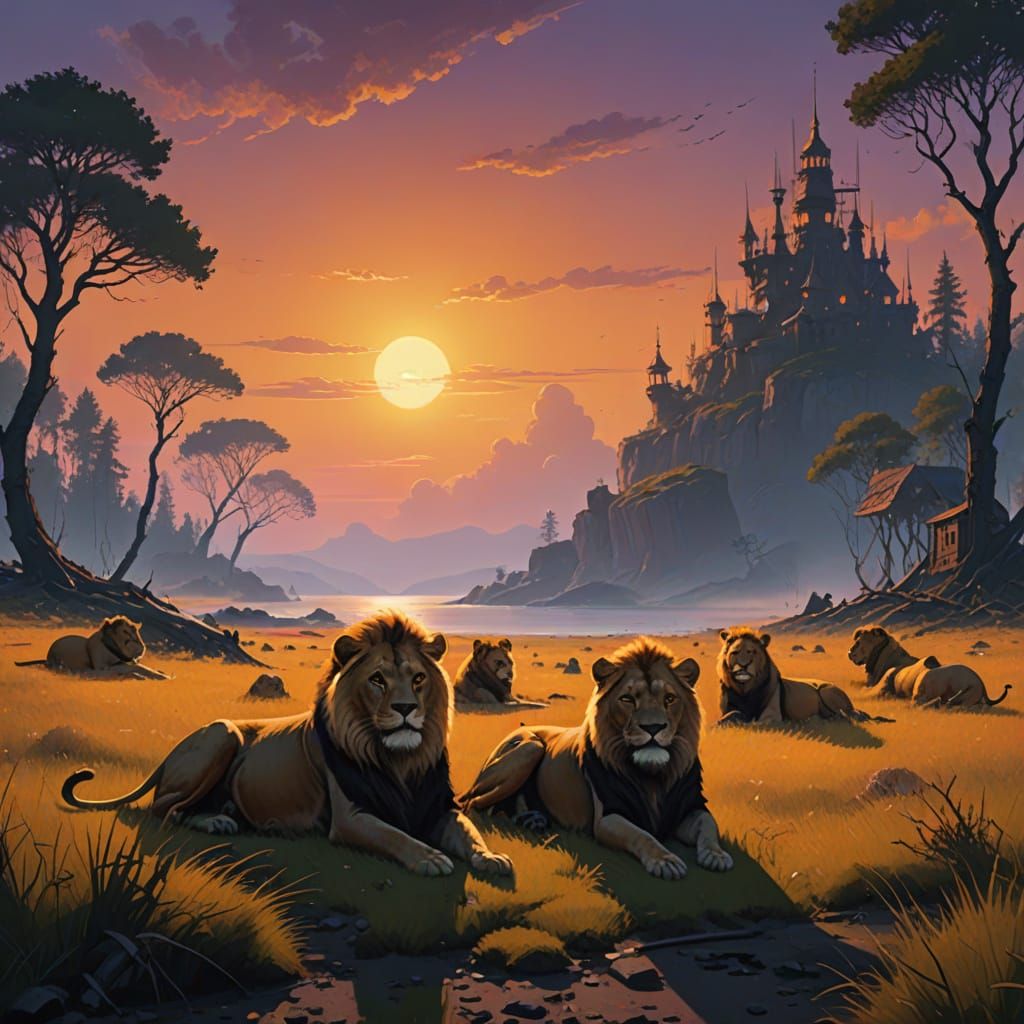 Regal Lions Bask in Warm Sunset Glow