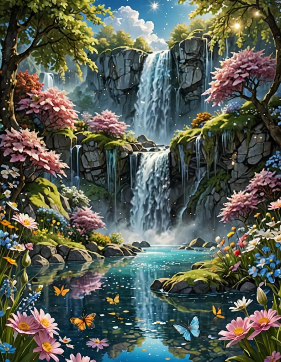 Magical Sparkling Lake with Flowers and Starry Sky