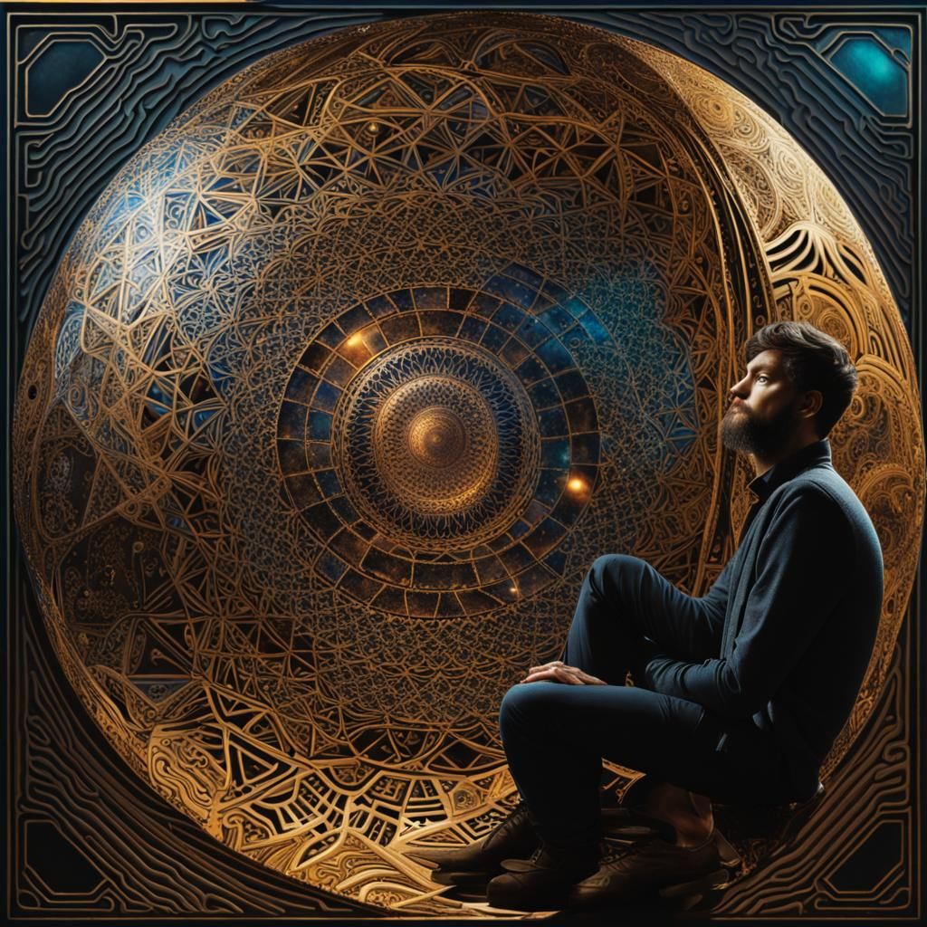 Man Contemplates Golden Ratio Sphere in Starscape