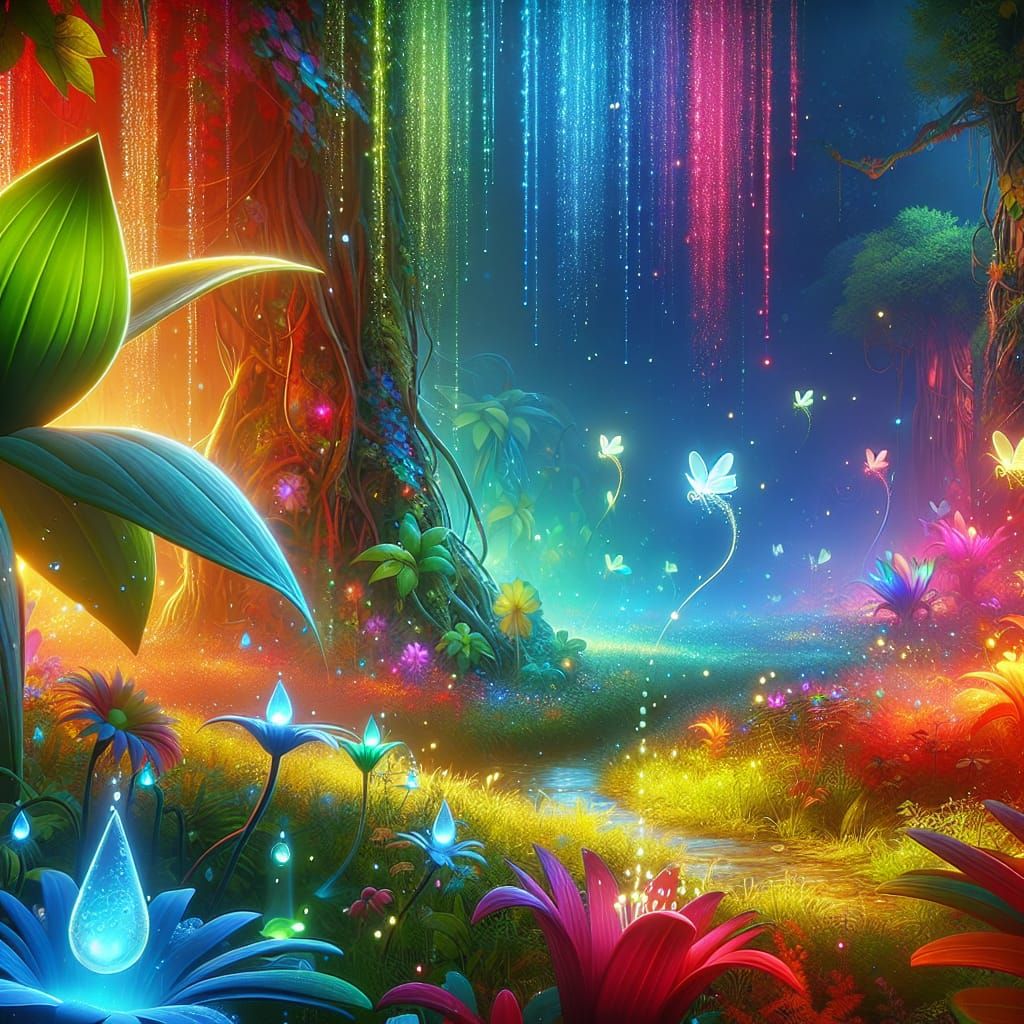 Magical Forest: Rainbow Water Droplets Frolic on Giant Leave...