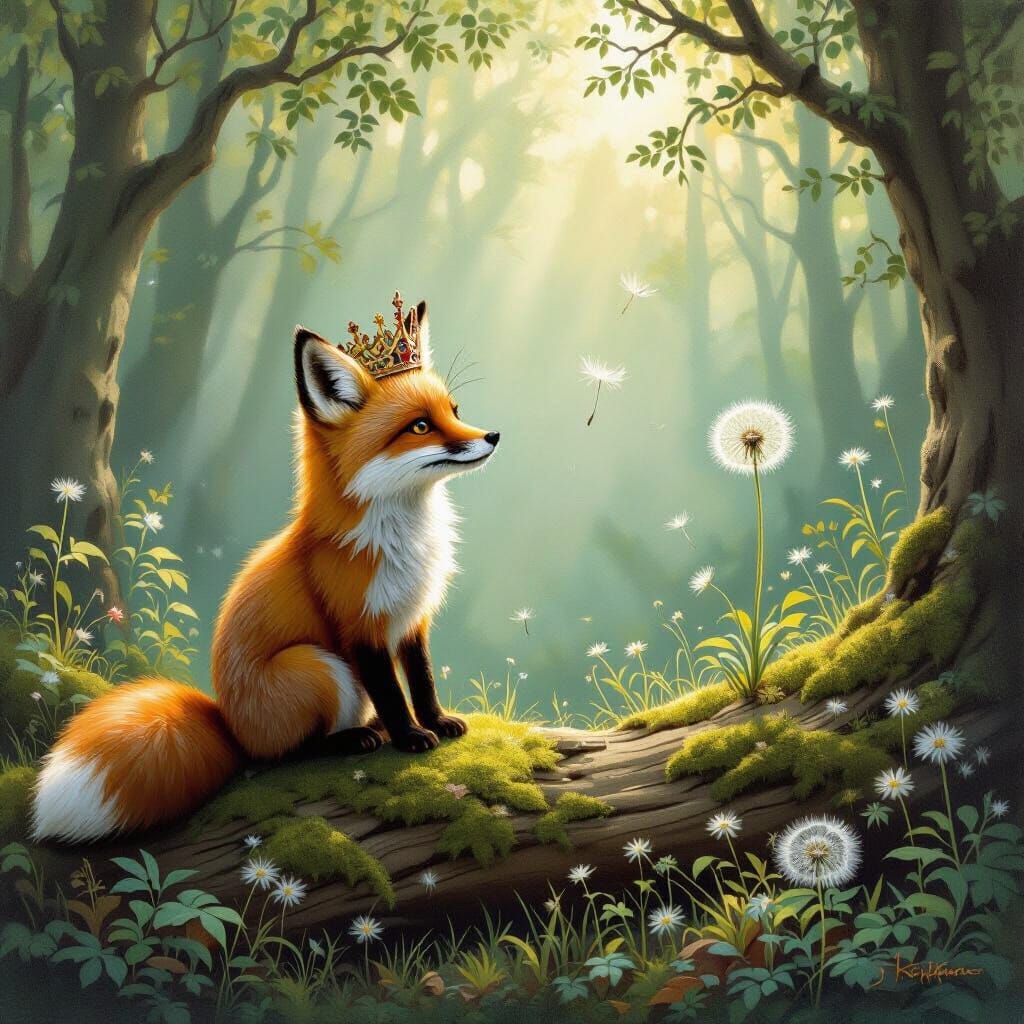 Whimsical Fox King in Enchanted Forest Oil Painting