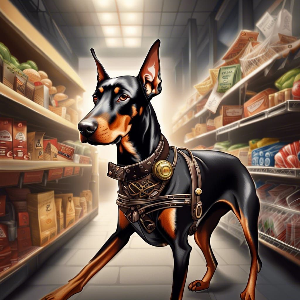 Steampunk Doberman Groceries in Hyperrealistic Style