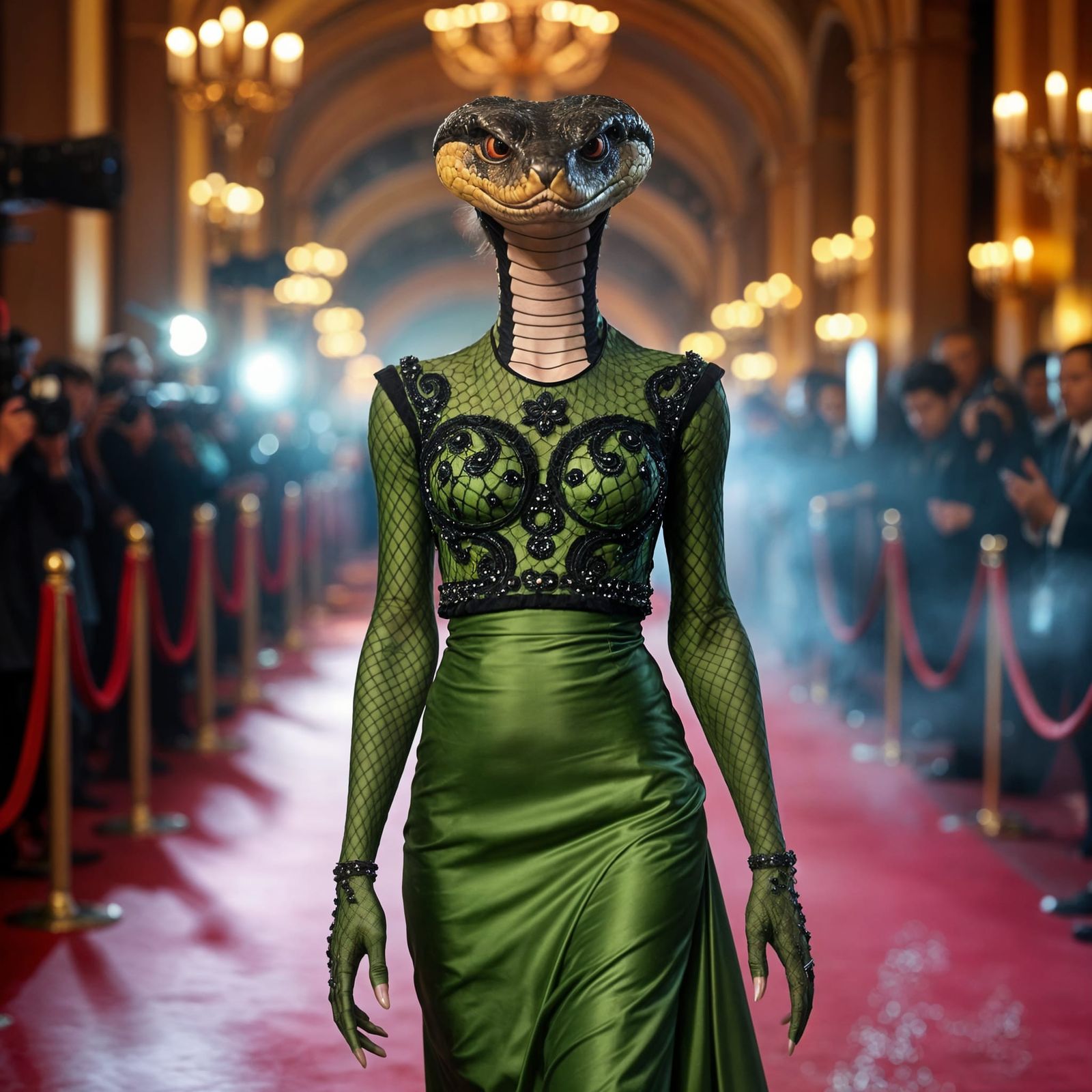 Sleek Viper Goddess Struts Red Carpet in Elegant Green Gown