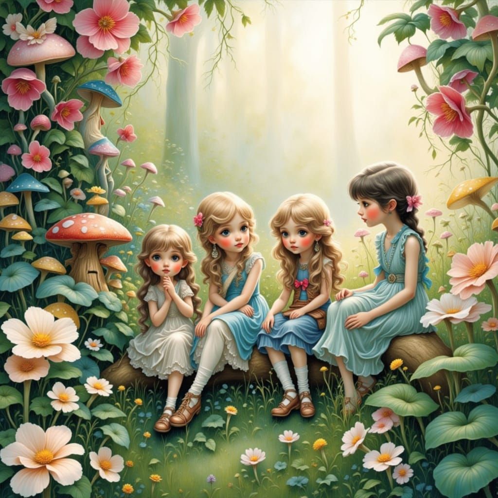 Whimsical Children Among Blooming Flowers in a Watercolor Ga...