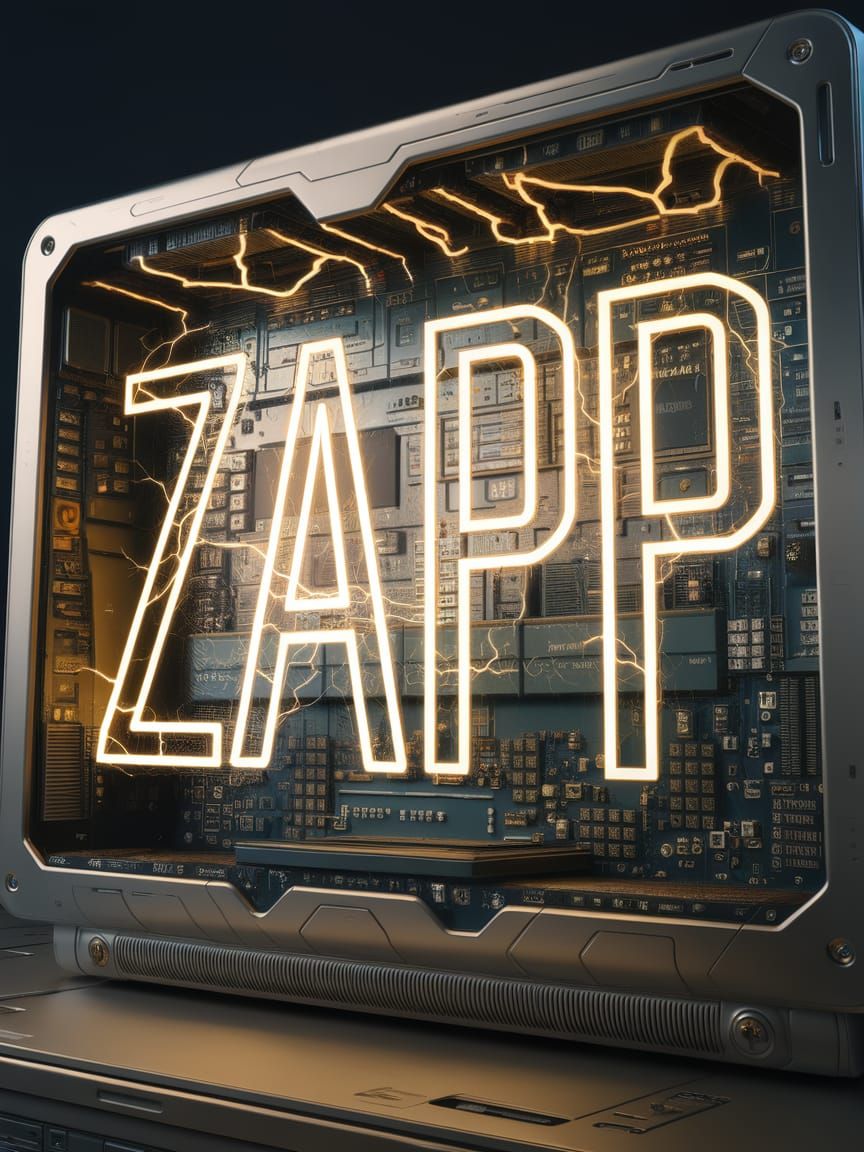 The word "Zapp" spelled in large yellow bolts of electricity inside a box made of computer boards. Epic masterpiece awar...