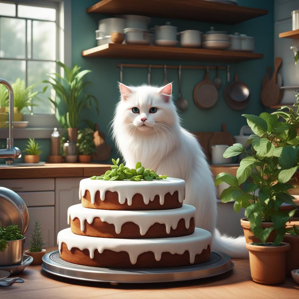 Cat Chef Baking Cake in Modern Kitchen