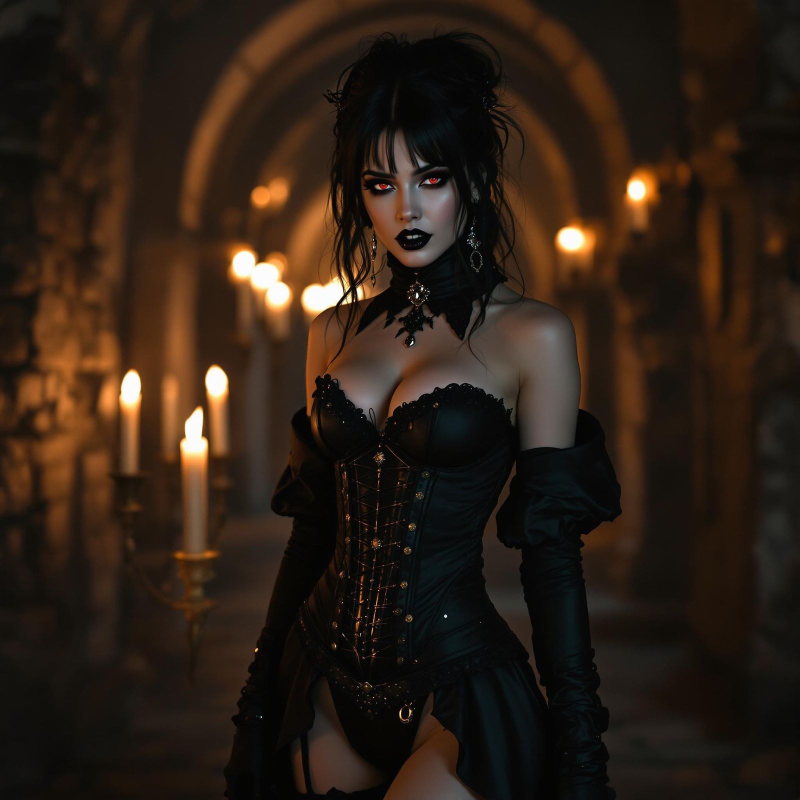 Gothic Vampiress in Dungeon with Eerie Candlelight
