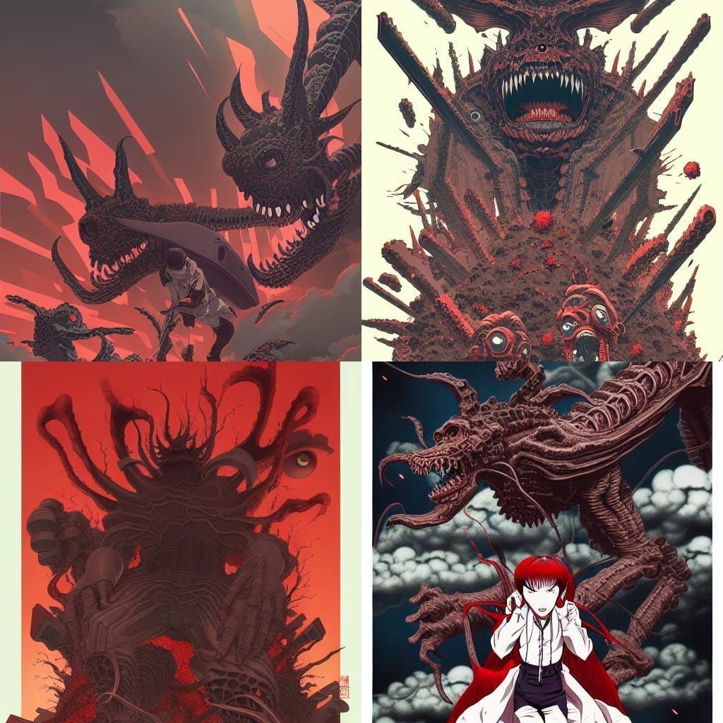 Hero Surrounded by Anime Horror Monsters