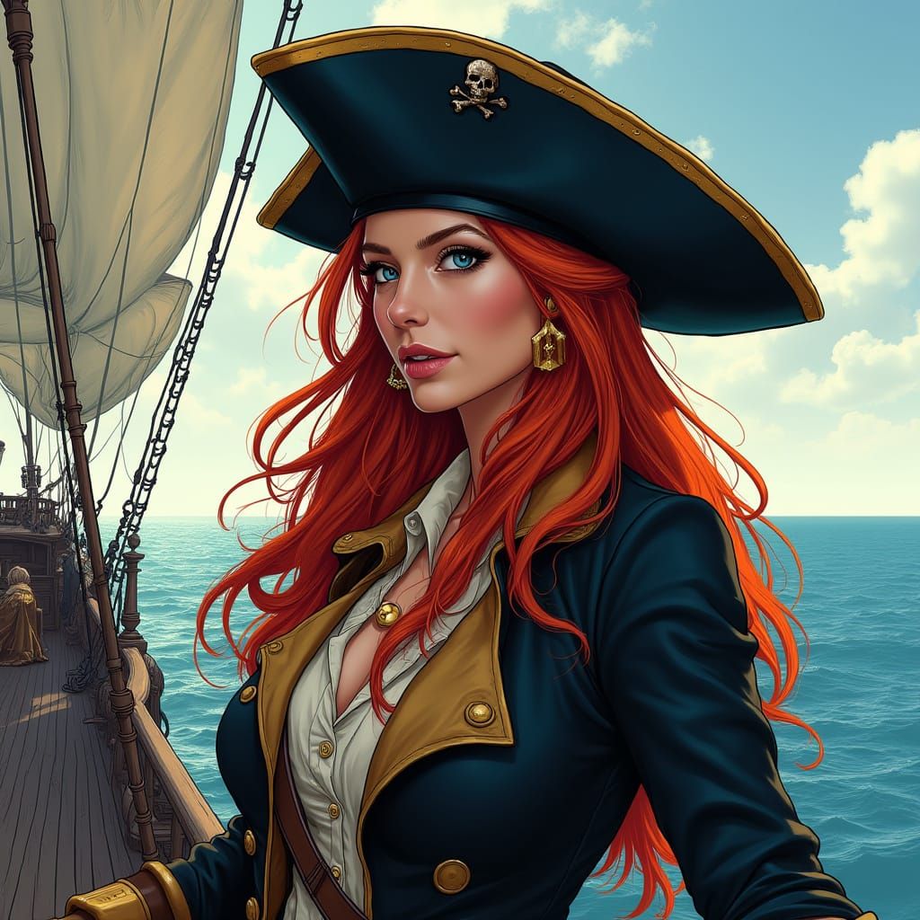 Confident Pirate Lady Captain in Black Tricorn Hat