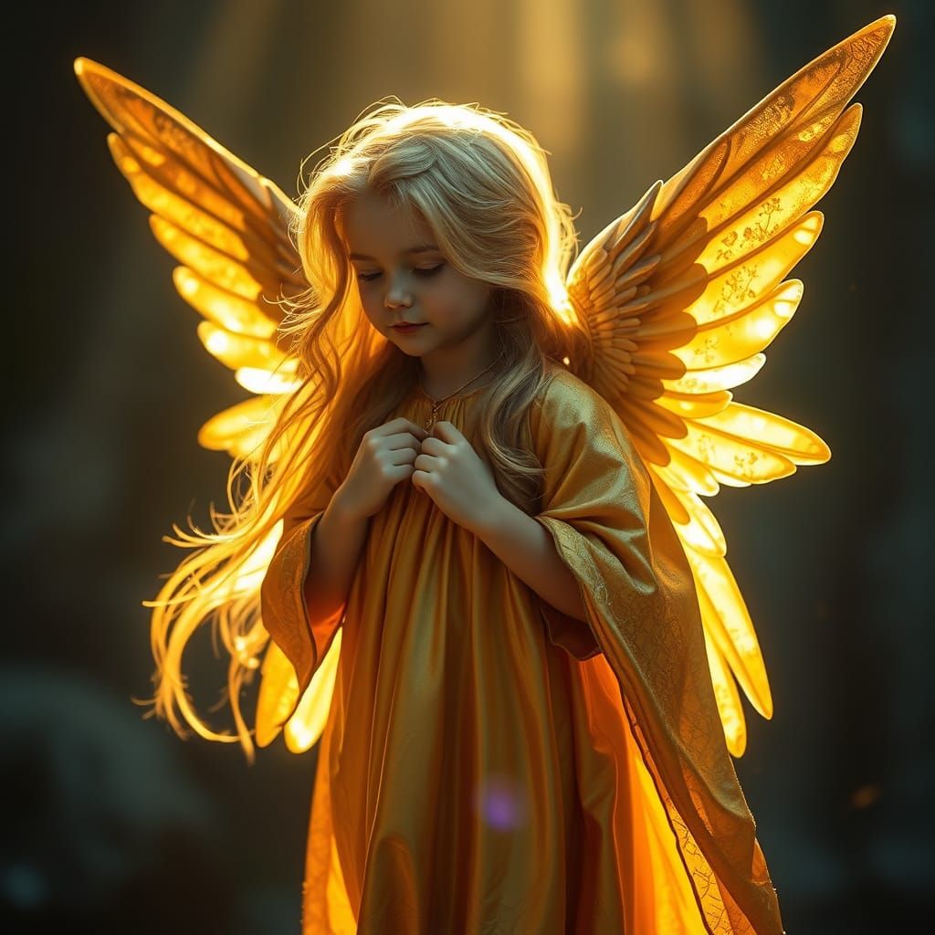 Angel in Golden Finery Radiates Light with Iridescent Wings