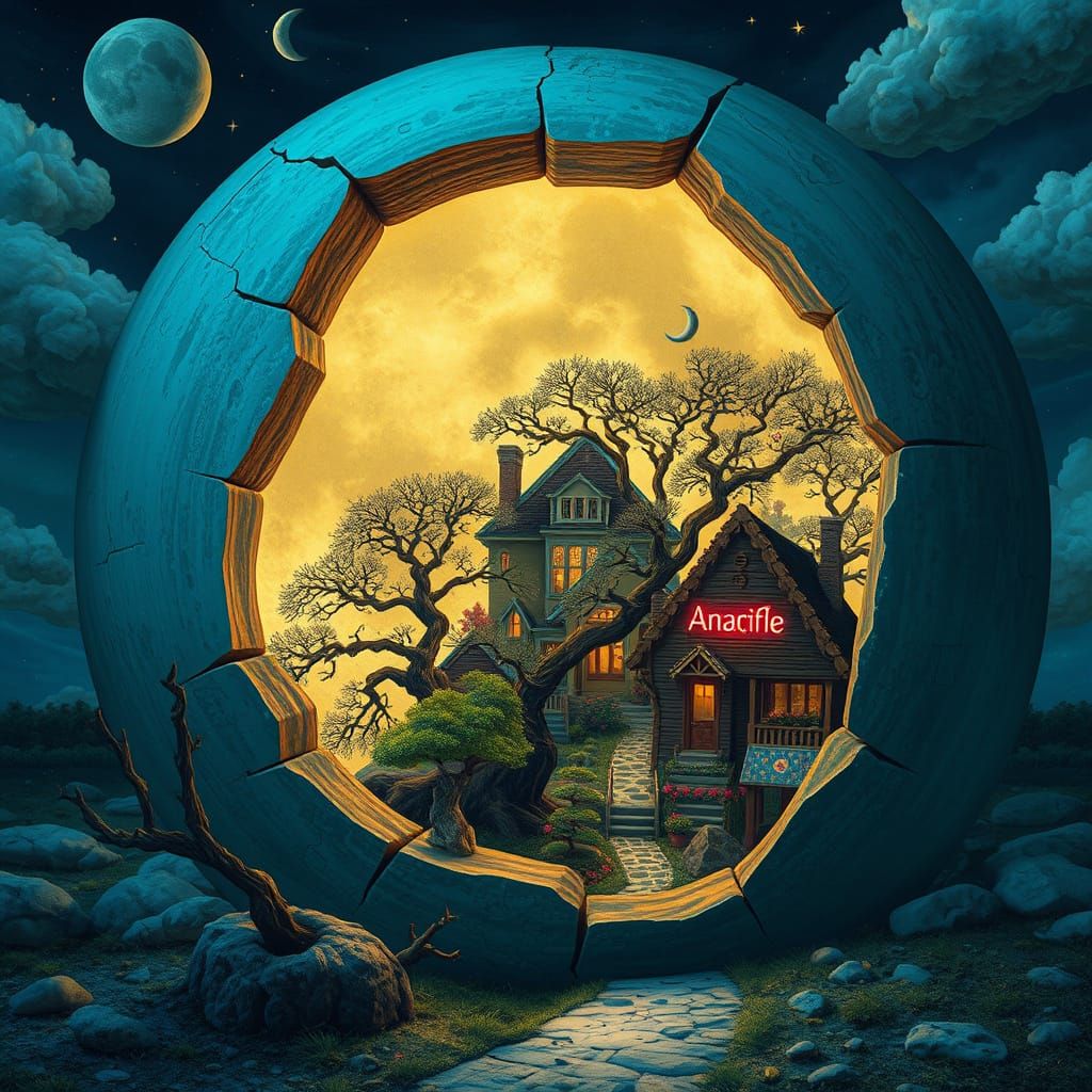 Surreal Town Inside a Broken Moon