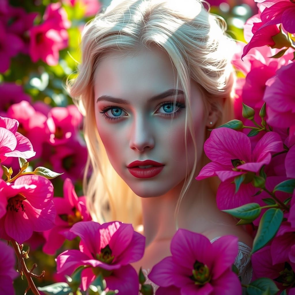 Young Woman in Pink Garden, Photorealistic Art