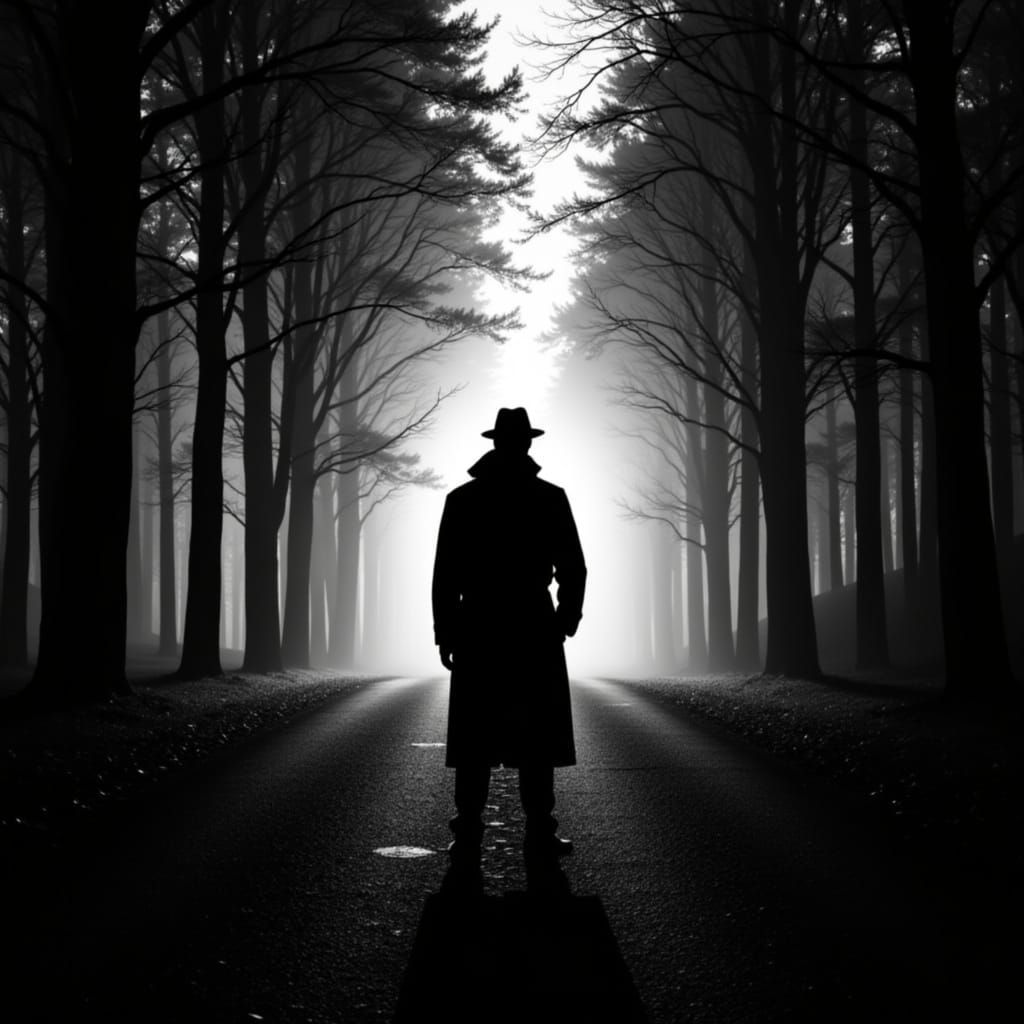 Noir Silhouette of Man in Mysterious Forest