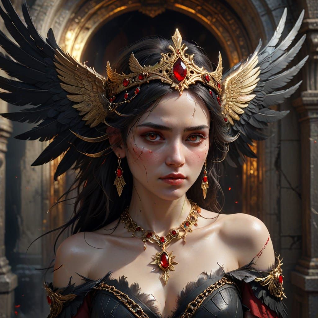 Dark-Haired Woman with Red Eyes in Fantasy Art Style