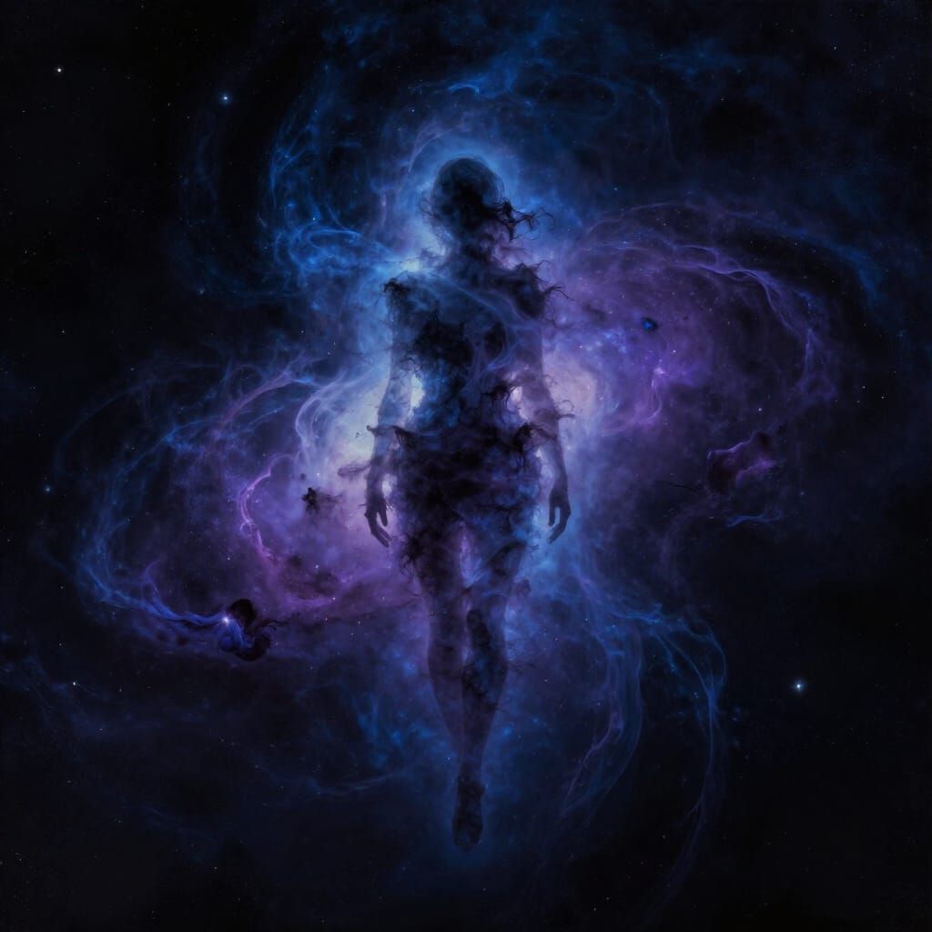 Abstract Figure Dissolves Into Cosmic Void