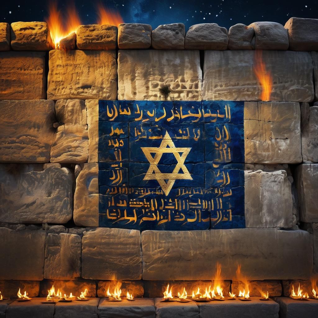 Vibrant Israeli Flag on the Western Wall at Night