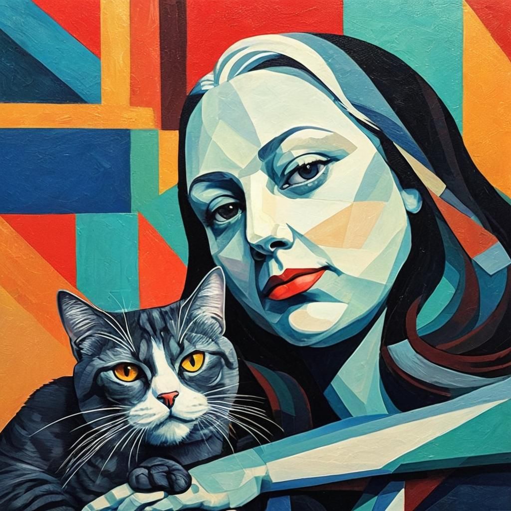Woman and Cat Cubist Painting in Geometric Fauvism Style