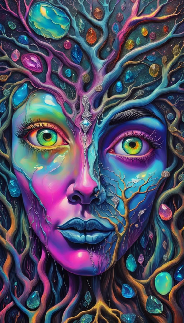 Opal Tree Face in Surrealist Neon Style