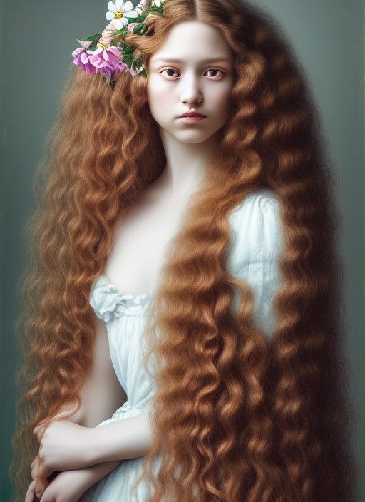 Princess with Flowers in Long White Hair