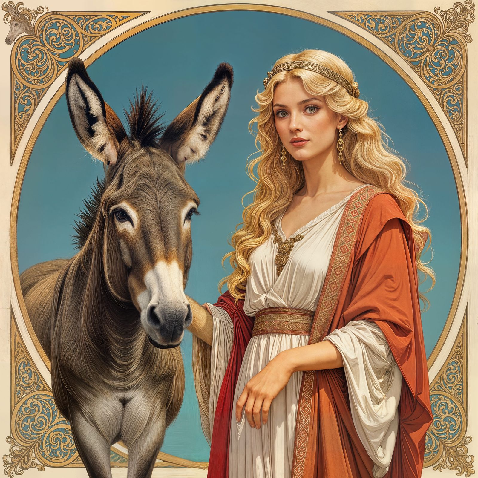 Greek Philosopher Woman with Donkey, in Fantasy Art Style