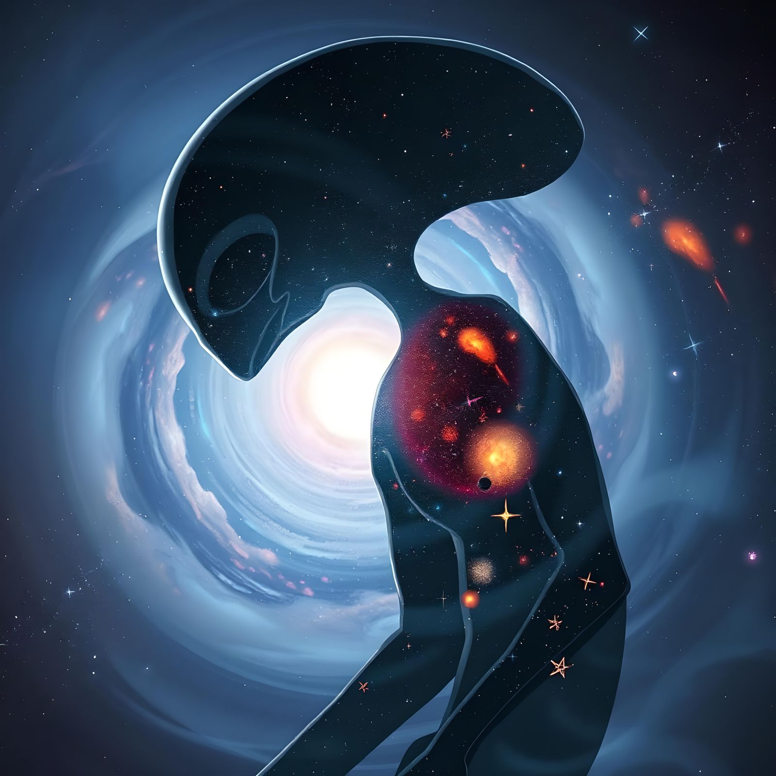 Gray Alien Silhouette in Double Exposure