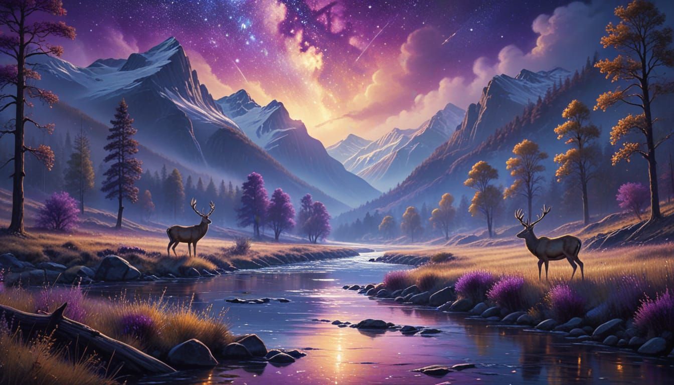 Deer at River Under Starry Night Sky