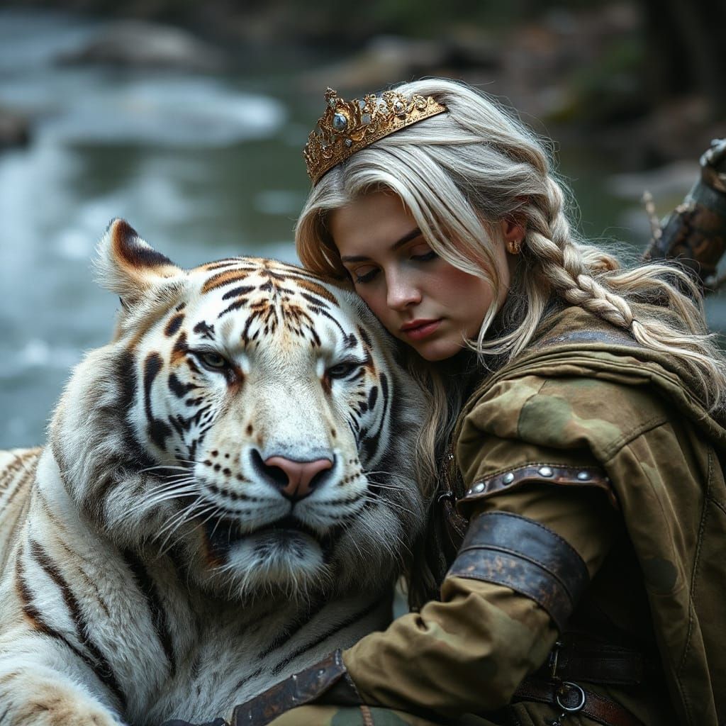 Fantasy Ranger and Tiger in Realistic Portrait Style