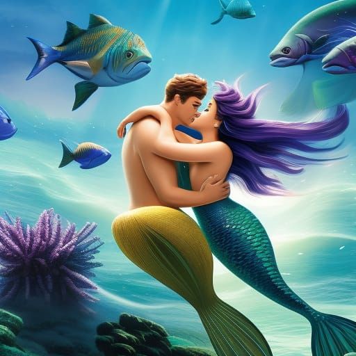 Beautiful mermaid and triton kissing with lot of fishes around in a magic ocean background
