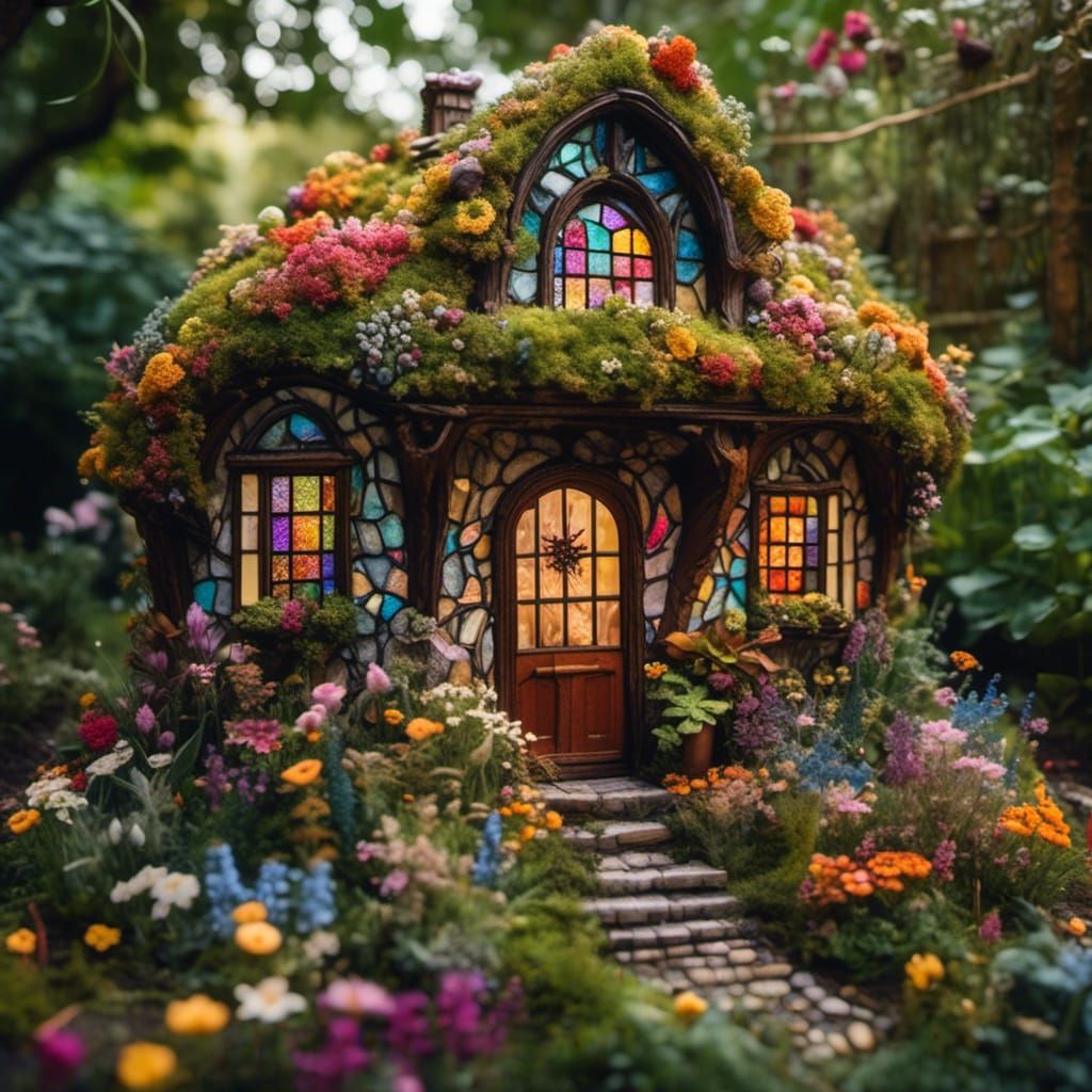 Hyperrealistic Flower House with Stained Glass Windows