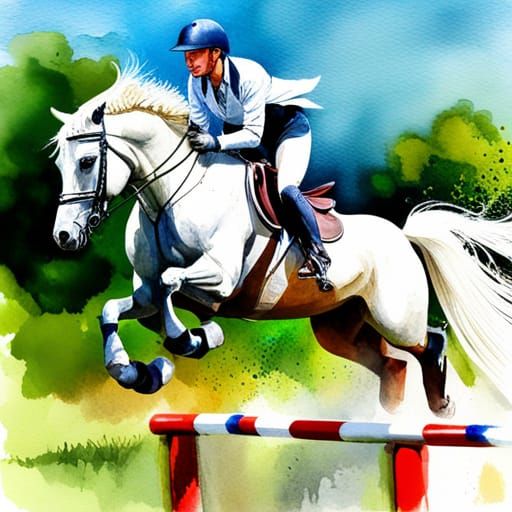 Equestrian Rider and White Horse in Watercolor Splash Art